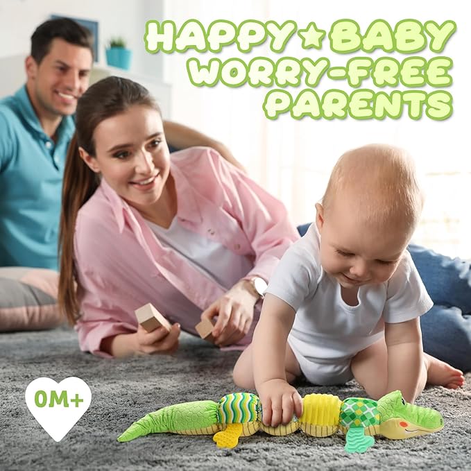Awotoy Baby Toys 0 to 12 Months, Musical Stuffed Animals Activity Soft Toy with Multi-Sensory Crinkle, Rattle and Textures, Infant Tummy Time Toys for Newborn Boys Girls, Crocodile, Green