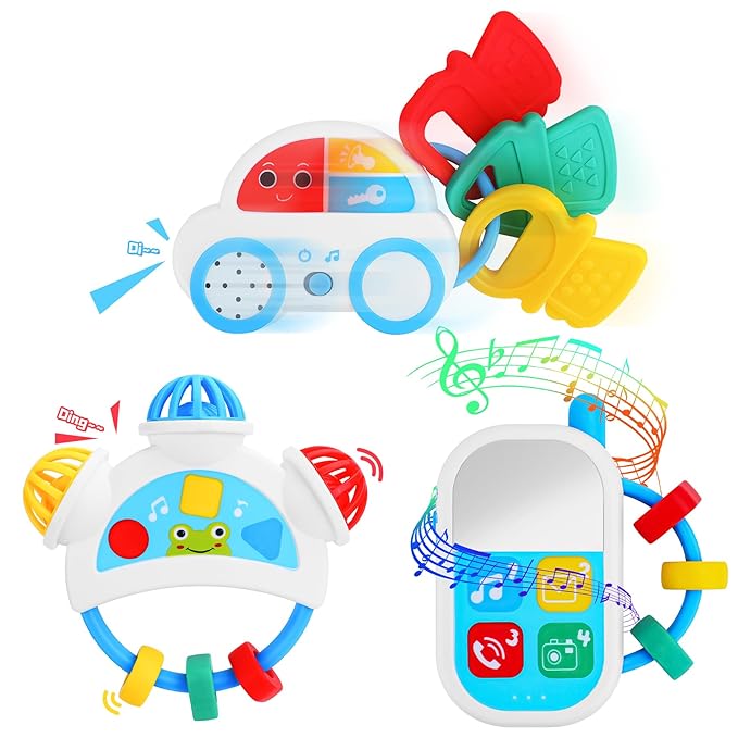 Baby Sensory Toys - 3PCS Baby Rattle Teething Toys Kits with Music, Infant Newborn Montessori Toys for Boys Girls 0-18 Months, Toddler Travel Toys Christmas
