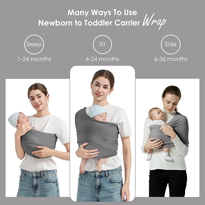 Baby Wrap Carrier, Lightweight Baby Wearing Wraps for Newborn and Infant, Soft Swaddle Holder Carrier, Cozy Baby Sling 7-35 lbs Grey