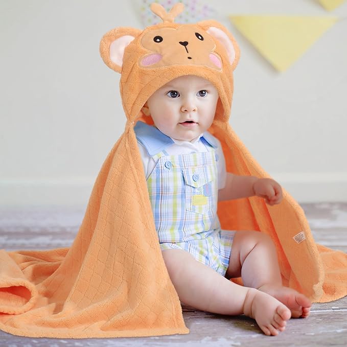WODHOY Toddler Towels for Boy, 2 PCS 50"x32" Hooded Baby Towels Boy,Thick Absorbent Bath Towels for Kids, Coral Fleece Animal Kids Towel with Hood, Gray Mouse & Orange Monkey Set
