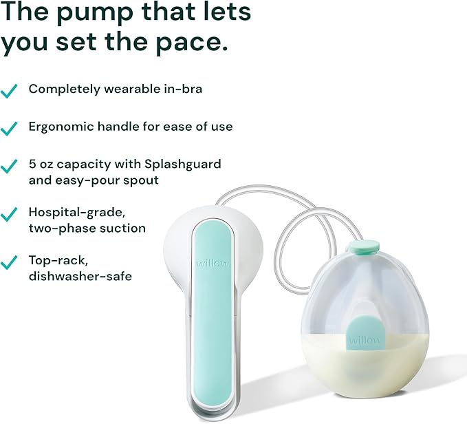 Willow Wave - Wearable Manual Breast Pump - Fits Fully in Bra - Ergonomic Handle - 24mm Soft Silicone Flange - Wearable Breastfeeding Pump - Hospital Grade Suction - Postpartum Essentials - Holds 5oz