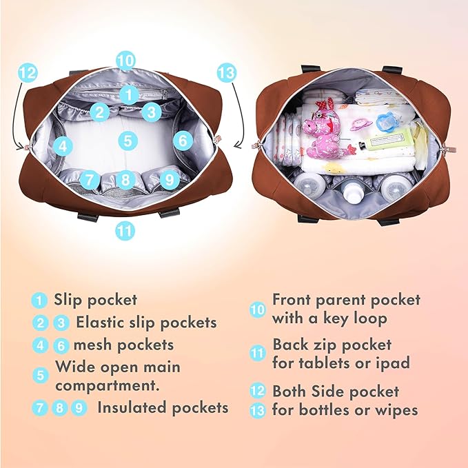 Dikaslon Diaper Bag, Large Travel Diaper Tote for Mom and Dad, Multifunction Baby Tote Bag for Boys and Girls with Pacifier Case and Changing Pad, Caramel