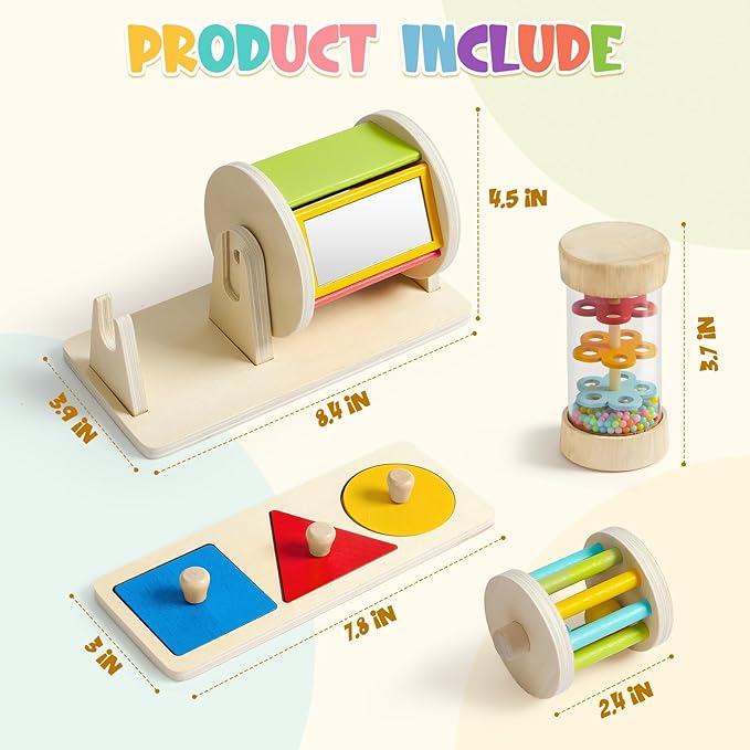 Toyssa Wooden Montessori Toys for Babies 6-12 months with Rainbow Color and Mirror Spinning Drum/Baby Shape puzzle 6-12 months/Sensory Toys Rain Rattle, Montessori Toys Gifts for Toddlers 1 Years Old