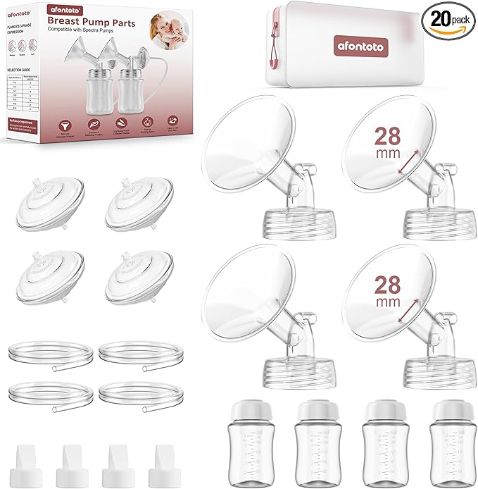 28mm Flange Pump Parts Compatible with Spectra S1/S2/9Plus, Not Original Spectra S2 Replacement Pump Parts, 4 Set Replacement Kit Include 28mm Flange,Duckbill Valve,Backflow Protector,Tube,Bottle