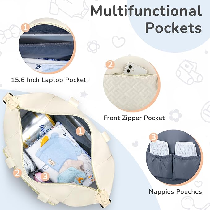 Diaper Bag Tote with Pacifier Case, Baby Bag for Women with Shoulder Straps, Travel Diaper Tote for for Mom and Dad Beige