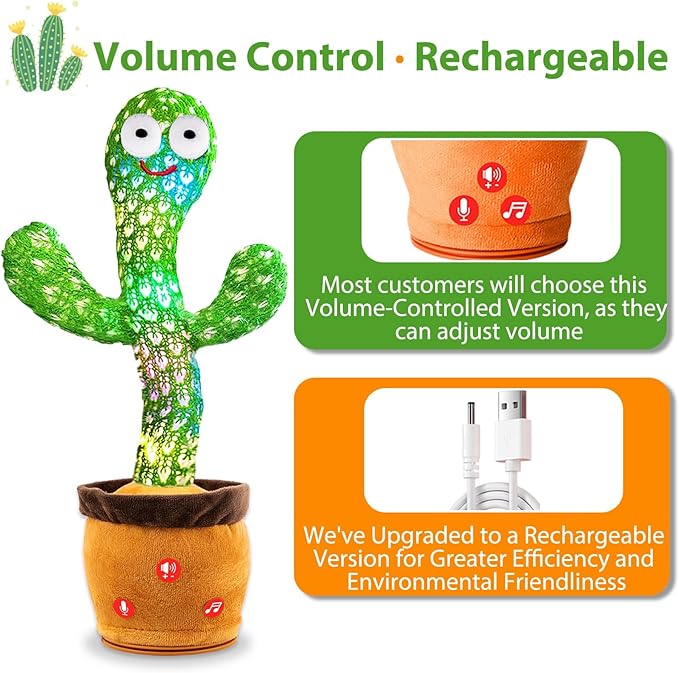ROYPOUTA Rechargeable Dancing Talking Cactus Plush Toy for Kids - Volume Adjustable Mimicking and Singing Cactus with Music & Light - Funny Birthday Gifts for Years Old Boy Girl