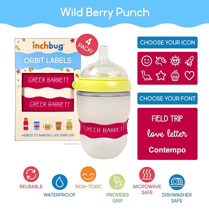InchBug Orbit Labels Baby Bottle and Water Bottle Silicone Name Bands Personalized Reusable Label Set for Daycare, Sippy Cups, Preschool, Elementary School, Dishwasher Safe, 4-Pack (Wild Berry Punch)