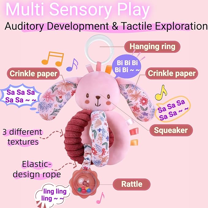 Baby Stroller Hanging Car Seat Toys for Infants 0-6 Months Girl 0-2-3-4-5-7-8 6-12 Month Old Newborn Valentines Gifts, Carseat Pink Plush Toy for Babies Play Gym Rattle Easter Basket Stuffers