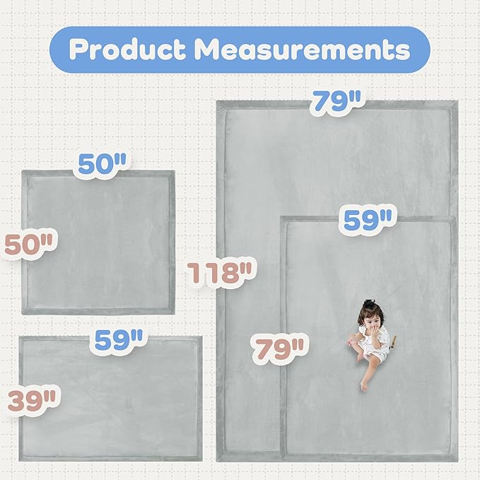 1.5" Thick Baby Play Mat for Floor Tummy Time, Large Pro Soft Foam Activity Playmats Playroom, Easy Care with Non-Slip Safe for Infant Toddler Kids Crawling79 x 118" (Light Grey)