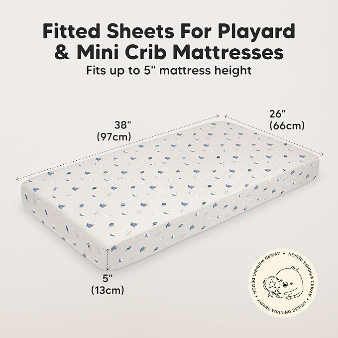 2-Pack Mini Crib Sheets Fitted - 38x26 Pack N Play Sheets for Pack and Play Mattress, Organic Cotton, Soft & Breathable Playard Bedding, Neutral Mini Toddler Bed Cover for Boys, Girls (Cosmo)