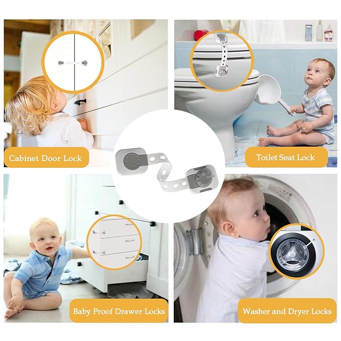 Fursafe&Q Child Safety Cabinet Proofing, Baby Cabinet Locks Adhesive Adjustable Child Safety Strap Locks Drawer Fridge Ovens Toilet Latches No Screws for Furniture Kitchen White 12 Pack