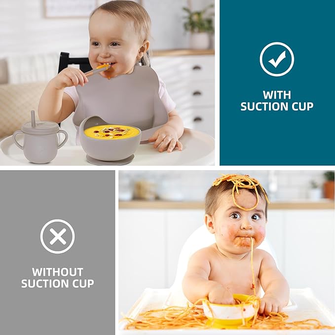 Dormlony 100% Silicone Baby Feeding Set, BPA Free, 9 Pcs: Suction Bowl, Divided Plate, Toddler Self Feeding Dish Set with Spoons, Forks, Sippy Cup, Bib, Beige
