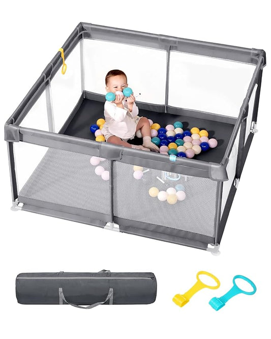 [Upgraded] dearlomum Baby Playpen, 50"x50" Sturdy Baby Playard with Thickened Steel Pipes, Indoor & Outdoor Anti-Slip Safety Fence with Soft Mesh for Toddlers (Gray)