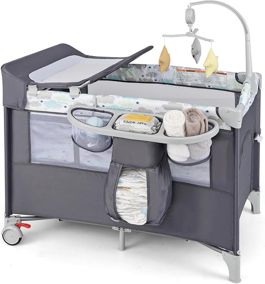 HONEY JOY Pack and Play with Bassinet, 5-in-1 Baby Bedside Sleeper w/Diaper Changing Table & Storage Bag, Toy Arch & Music Box, Detachable Side Rail, Portable Baby Play Yard w/Carry Bag(Gray)