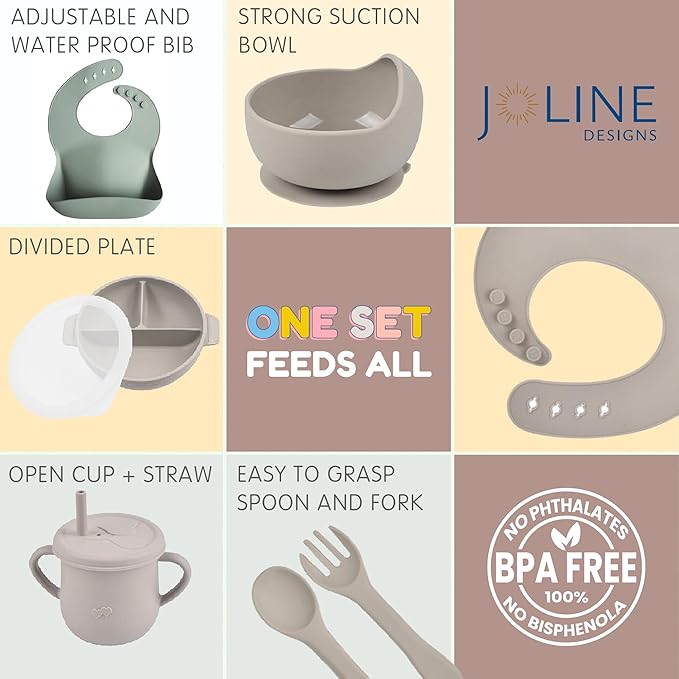 Joline Designs Silicone Baby Feeding Set - Perfect silicone plates for baby & Toddler Plates with lids, Baby Bowls with Suction, Baby Utensils - Baby Led Weaning Supplies & Eating Essentials - (Gray)