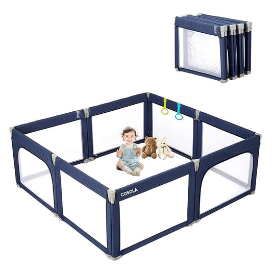Foldable Baby Playpen, Shape & Size Adjustable Playpen for Toddler, 79x71 Large Play Pens Safety Mesh Foldable Playard for Babies, Portable Baby Fence Play Area Kids Play Pen, Blue