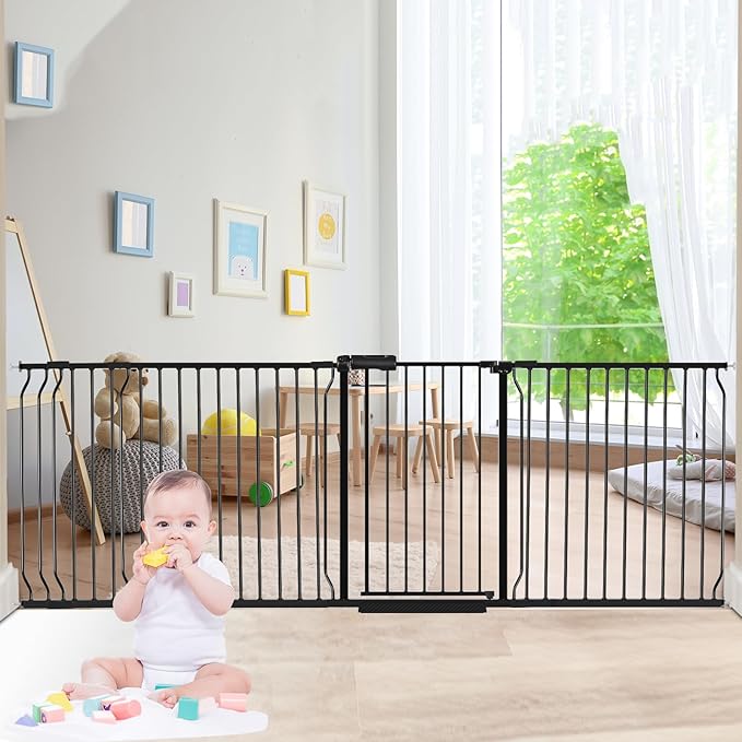 COSEND Extra Wide Baby Dog Gates for Doorways Tension Indoor Safety Gates Black Metal Large Pressure Mounted Pet Gate Walk Through Dog Gate for The House Stairs (Black, 86.3"-105"/219-267CM)