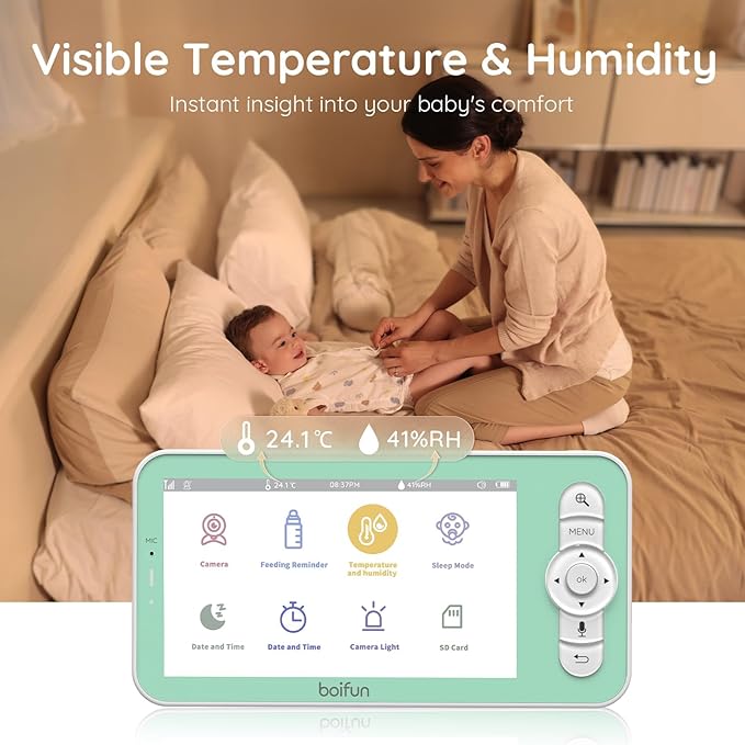 Boifun 2K Wifi Baby Monitor with 2 Cameras, Soothing Night Light, APP & 5" Split-screen Control, Motion/Cries/Noise/Customizable Alarm Zones Detect, Auto Tracking, PTZ, Humidity&Temperature Monitoring