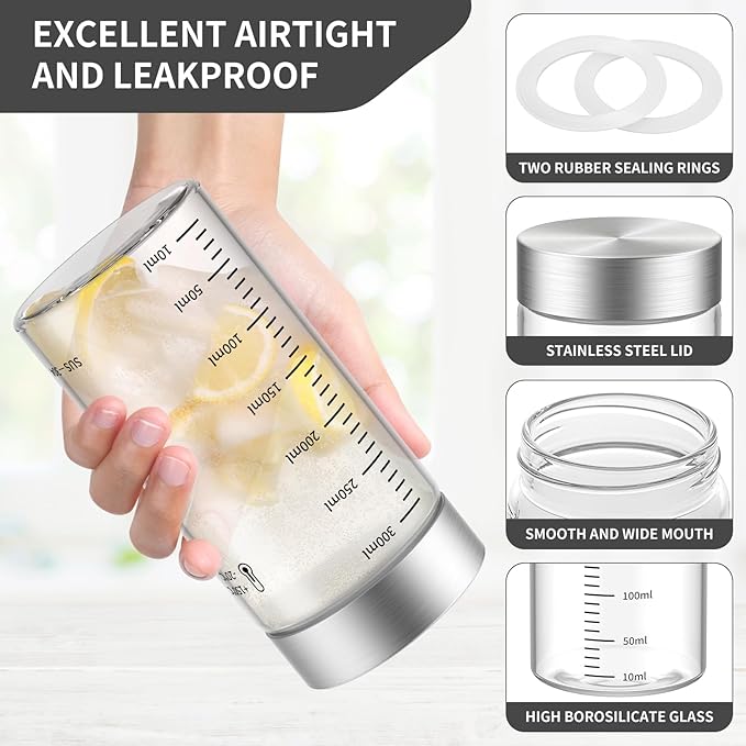 11 Oz Glass Juice Bottles, 2 Pack Glass Bottles with Lids, BPA Free, Borosilicate Glass, Leak Proof Lids for Juicing, Smoothies, Water Bottles, Food Storage, Shaker Bottles