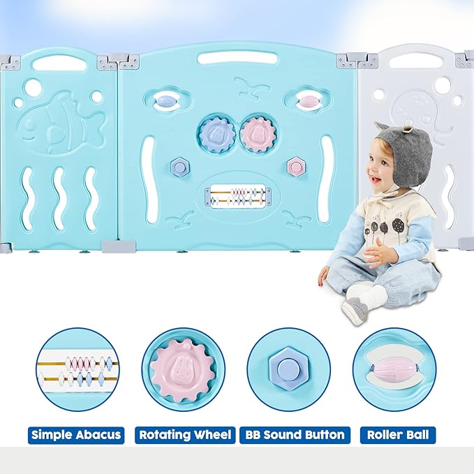 Albott Baby Playpen, 14 Panels Foldable Baby Fence with Game Panel and Safety Gate, Adjustable Shape, Portable Play Yards for Children Toddlers Indoors or Outdoors (Blue+White, 14 Panel)