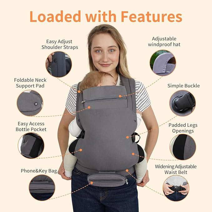 Baby Carrier, Baby Carrier Newborn to Toddler, Ergonomic, Cozy and Lightweight Infant Carrier for 7-44lbs, Toddler Carrier Ideal for Hands-Free Parenting with Zipper Pouch, Bottle Bag, Windproof Cover