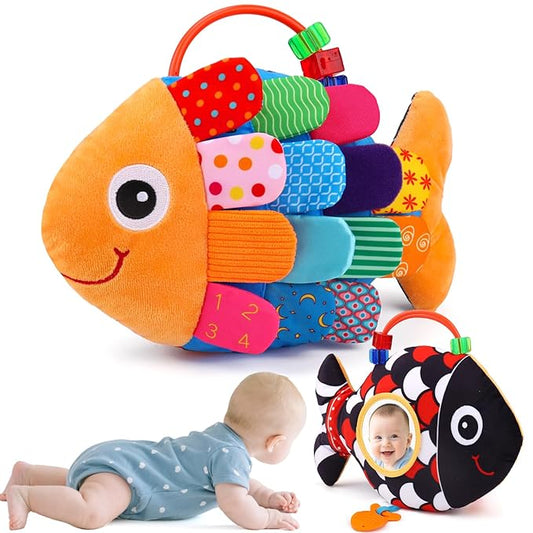 Baby Sensory Tummy Time Toys 0-6 Months Music Fish Toy for Newborn 3 4 5 6 Month Old Black and White High Contrast Infant Toys with Mirror Crinkle Rattle for 3-6 6-12 Months Baby Boy Girl Shower Gifts