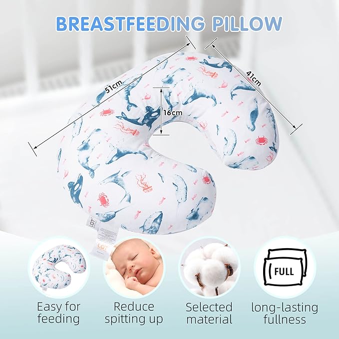 LAT Nursing Pillow for Breastfeeding,100% Cotton Removable Cover,Ergonomic Breast Feeding Pillows for Mom and Baby,Machine Washable (Ocean World)