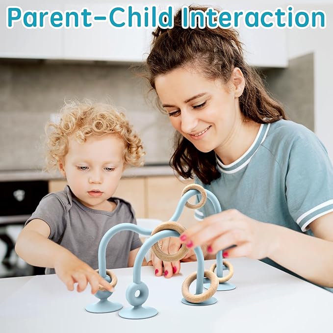 Baby Sensory High Chair Suction Toys for Infant Toddlers 12 18 Months, Food Grade Silicone String with Oak Loop Montessori Educational Parent-Child Baby Bath Toy Gift for Birthday Christmas(Blue)