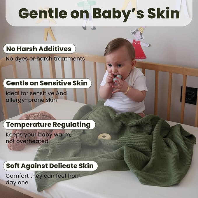 Little Dedi 100% Organic Cotton Baby Knitted Blanket with Gift Box - Soft Toddler, Crib, Stroller Blanket - Neutral Swaddle and Receiving Blanket for Newborns, 30"x40", Pepper Green