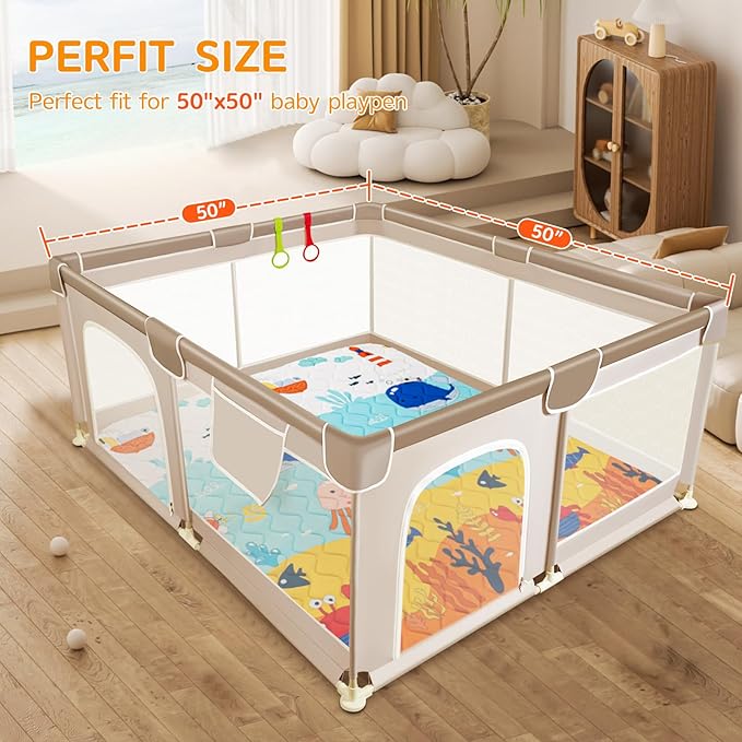 TreeBud Baby Play Mat - Thicken 50x50 Inch Soft Foam Crawling Mat for Playpen & Floor, Non-Slip Waterproof Playmats for Infants & Toddlers, Portable Foldable & Machine Washable, Ocean World