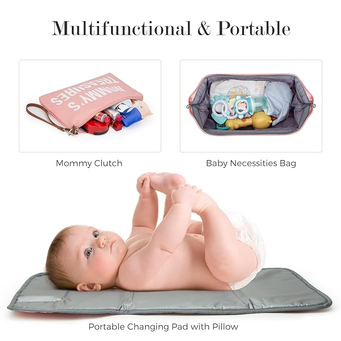 printe Large Diaper Bag Tote with Changing Pad, 2 Organized Pouches, Mom's Bag for Hospital with Pacifier Case, Straps, Stroller Hook, Hospital Weekender Travel Pink Baby Diaper Tote Bag