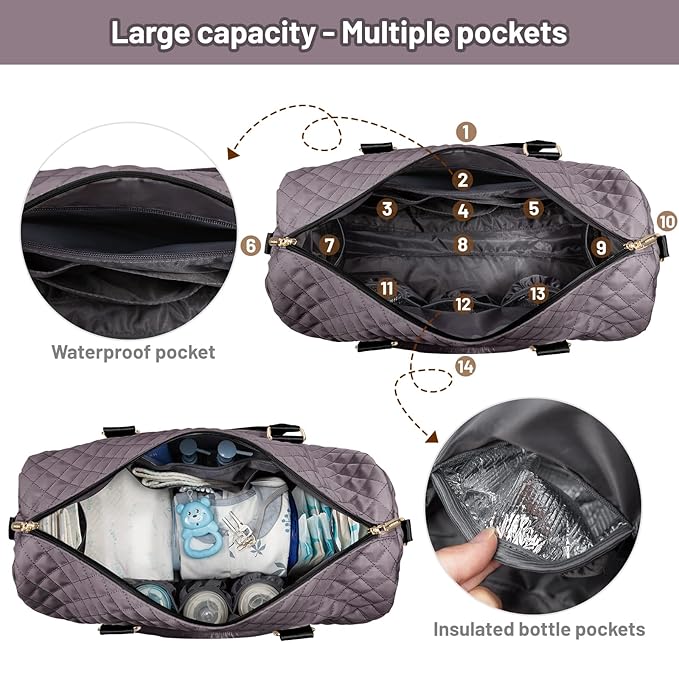 LOVEVOOK Diaper Bag Tote with Pacifier Case and Changing Pad, Large Capacity Mommy Bag for Hospital and Weekender Travel, Functional Baby Bag Newborn Baby Essential, Purple Gray