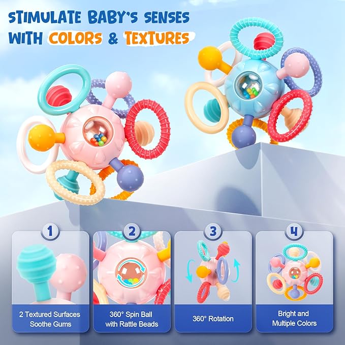 Baby Teething Toys for 0-6 6-12 Months, BPA Free Food Grade Silicone Teether, Infant Sensory Chew Rattles Toys, Gifts for Infant Newborn Boys Girls 0 3 6 9 12 18 Months, Light Pink