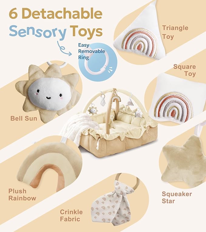 Mallify 5-in-1 Plush Baby Play Gym, Baby Play Mat, Convertible Baby Gym with Blanket and 6 Toys, Tummy time mat, Baby Activity Center from Newborn to Toddler, Baby Gym, Baby Newborn Essentials,Cream