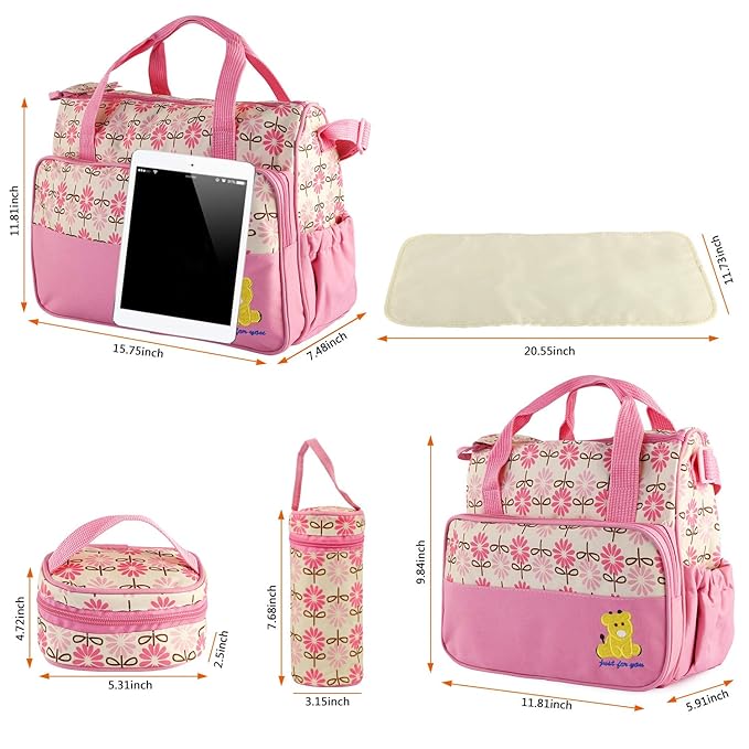 Moclever 5PCS Diaper Bag Tote Set for Baby Essentials – Large Baby Bags for Mom, Waterproof Maternity Bags with Bottle Bag, Food Bag & Changing Pad (Pink)