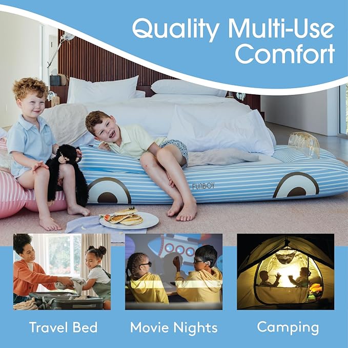 FUNBOY Kids Blue Inflatable Travel Bed & Mattress. Perfect for Sleepovers. Includes Carrying Case Storage Bag, Twin (Pack of 4)