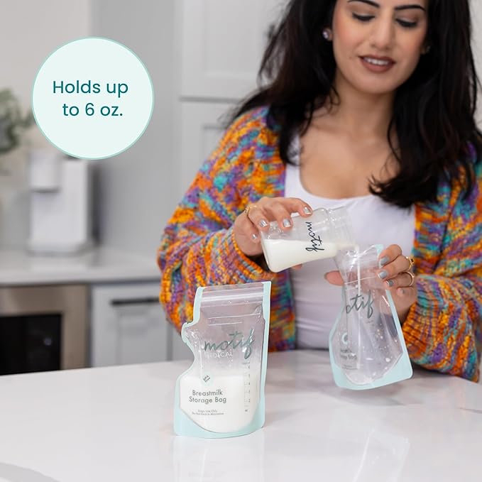 Motif Medical Breastmilk Storage Bags - Breastmilk Freezer Bags w/Easy Pour Spout, Write-On Label - Leak-Proof Double Zipper Milk Bags for Breastmilk - Breastfeeding Mom Gifts (6 oz, 100 Count)