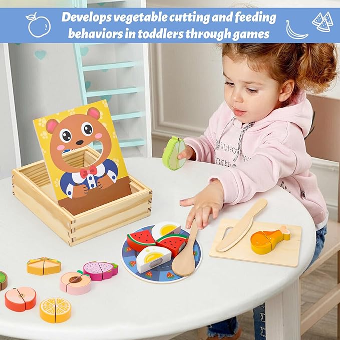 Wooden Baby Feeding Toy-Montessori Pretend Play Food Set for Toddlers 1-3 Safe Non-Toxic Wooden Cutting Food Toy Fruits Vegetables Perfect for Play Kitchen Food Pretend Play for Kids Boy Girl Gift