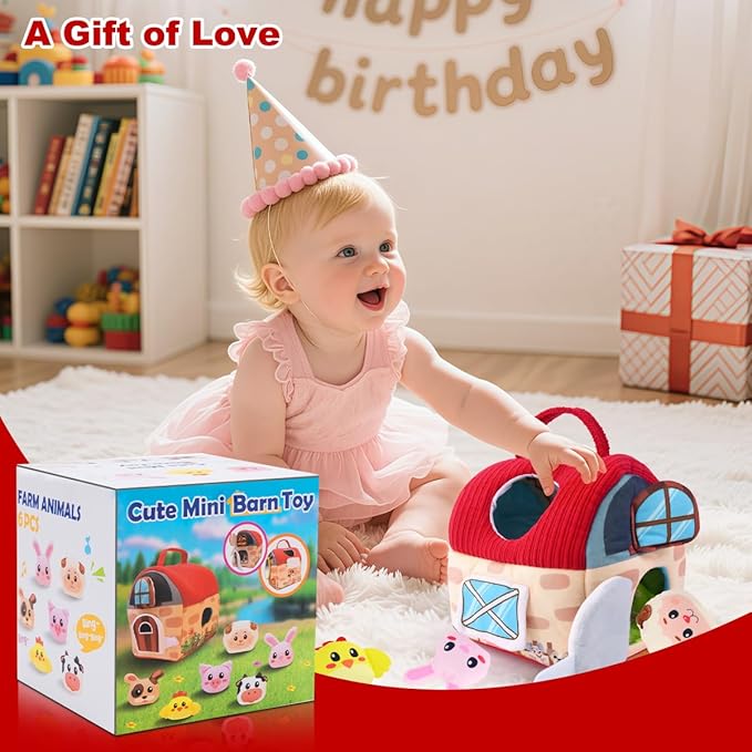 Easter Baby Toys 6–12 Months, Montessori Sensory Farm Barn with Plush Animals, Rattles, Crinkle Paper & Mirror – First Birthday Gift, Easter Basket Stuffer for Babies