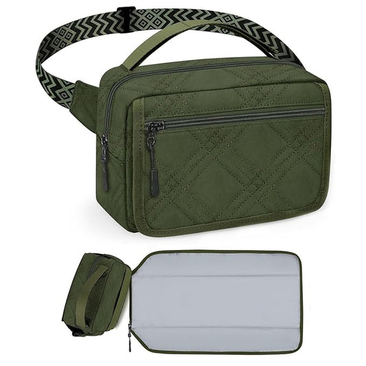 Small Diaper Bag with Portable Changing Pad, Mini Crossbody Diaper FannyPack with Wipes Pocket, Women Waist Bag for Travel (Quilted Olive Green, Large)