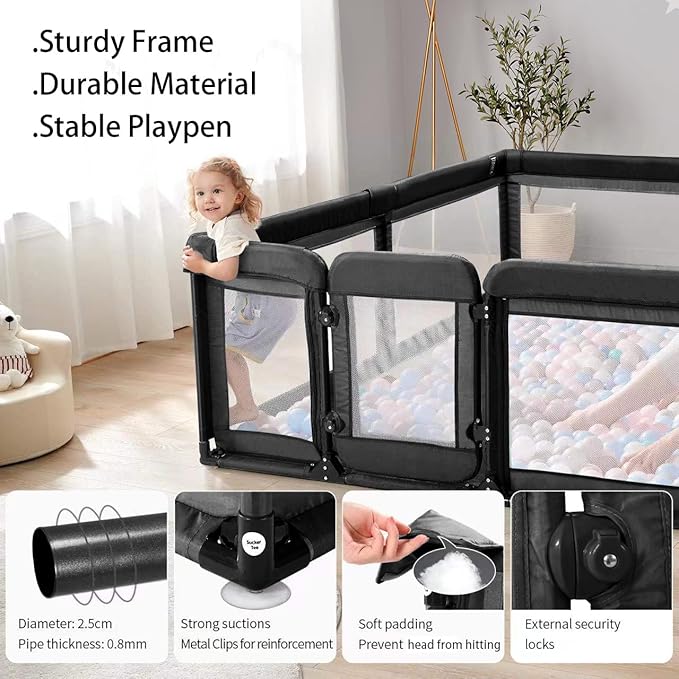 Baby Playpen,Extra Large Playpen for Babies and Toddlers, Sturdy Play Pen Play Yard with Safety Gate,79”x71”Baby Play Pen(Black)