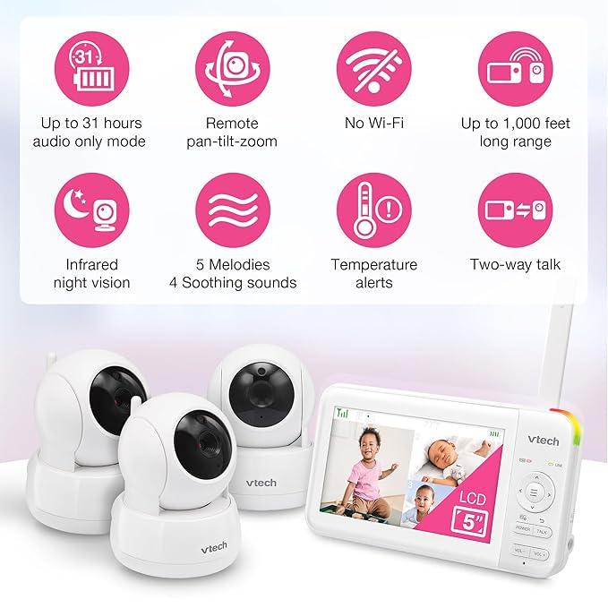 VTech 3 Cameras Video Baby Monitor with 5" LCD Screen,Up to 17Hrs Video & 31Hrs Audio, Night Vision, Pan-Tilt-Zoom, Lullabies, Soothing Sounds, Temperature Sensor,Split Screen, No WiFi: 924-3W