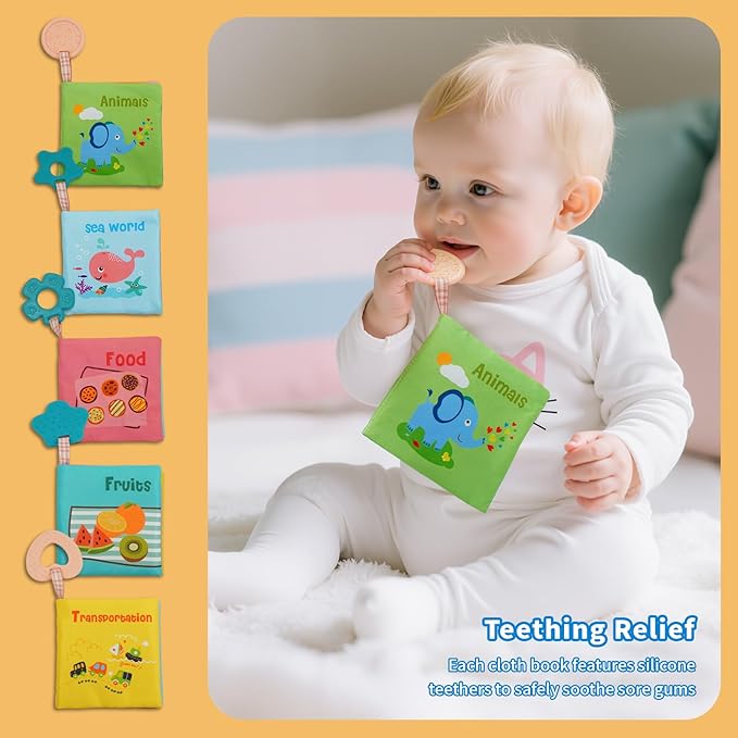 5-Pack Soft Cloth Crinkle Books for Babies 0-3, Washable Non-Toxic Sensory Early Educational Toys, Bath & Learning Cloth Books for Infants