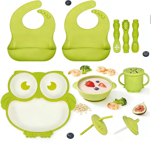 Silicone Baby Feeding Set 13 Piece, Baby Led Weaning Feeding Supplies, Strong Suction Bowl & Suction Plate, Adjustable Bibs, 4-in-1 Cup, Spoon, Food-grade Silicone (Green with white)