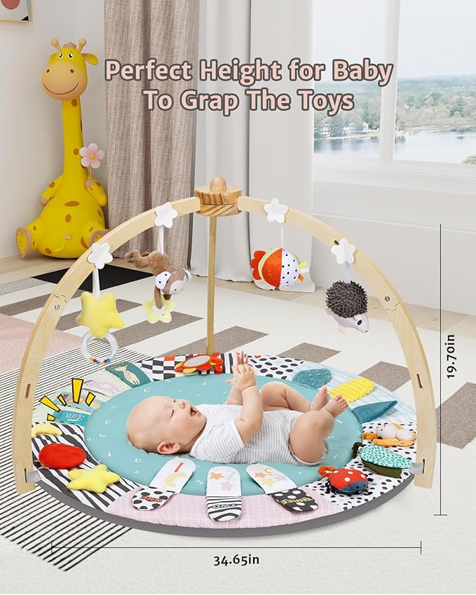 Baby Play Gym,6 Developmental Zones Tummy Time Mat, Wooden Baby Play Gym Mat with 7 Detachable Sensory Toys for Newborn Brain Development, Essential Baby Shower Set, Green