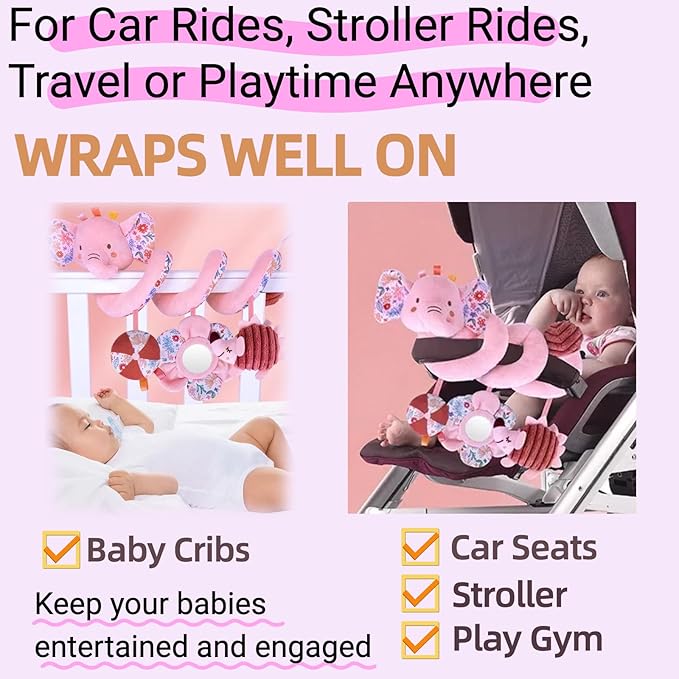 Infant Toys 0-6-12 Months Spiral Car Seat Toy, Baby Stroller Hanging Rattle Stuffed Animal Babies 0-2-3-4-5-7 Month Old Newborn Girl Valentines Gifts Easter Mirror Crinkle Pink Elephant 3PCS