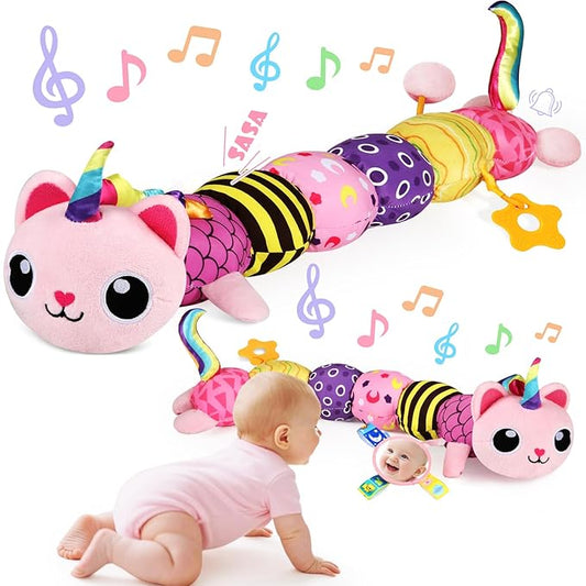 Baby Toys 0-6 6-12 Months, Sensory Musical Animal Stuffed Plush Unicorn Cat Toy for Infant 0-3-6 Months & Up, Tummy Time with Mirror Crinkle Rattle, Christmas Baby Shower Gifts for Newborn Boys Girls