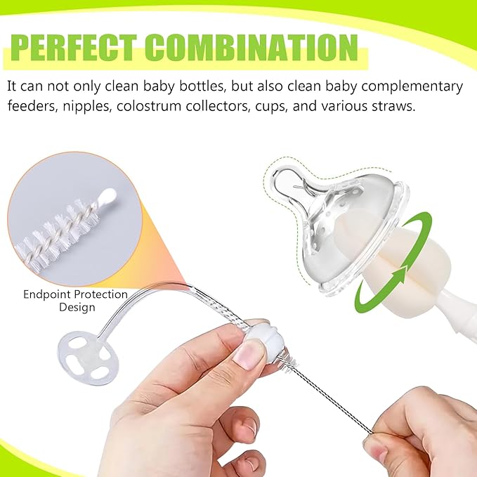 INVODA 12 Piece Sponge Nipple Bottle Brushes, Baby Bottle Brush with 4 Nipple Cleaner, 4 Replacement Heads and 4 Straw Brushes (White)