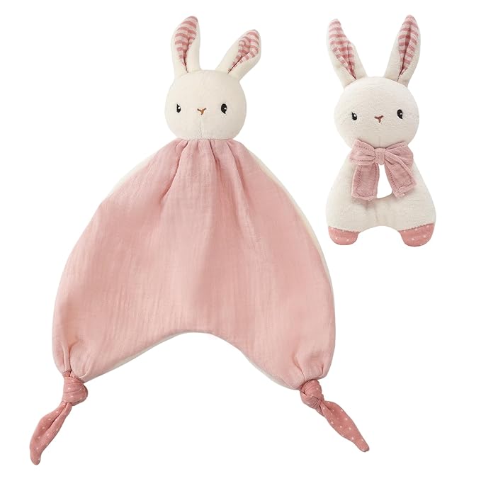 CUDDLE CORNER Organic Cotton Stuffed Animal Rattle Baby Toys, Plush Bunny Cuddle Cloth and Hand Grip Ring Rattles Plush Toy Set for Newborns Infant Boys Girls, 2 PCS