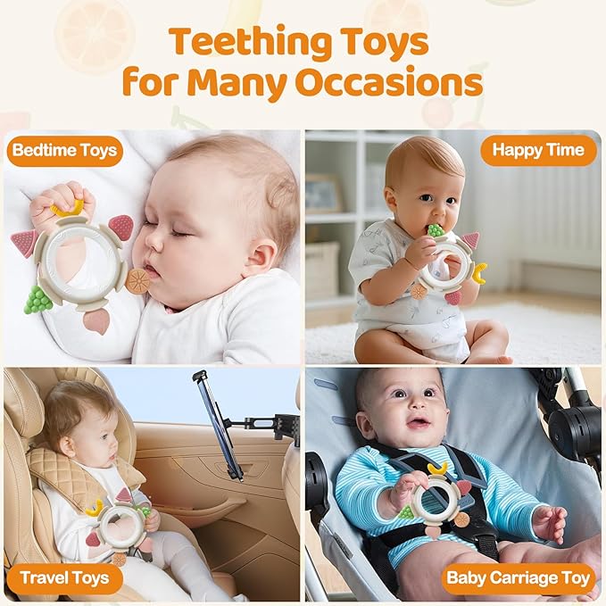 Baby Teething Ring Toy for 3-6-12 Months, Silicone Infant Teether for Sore Gum Relief, Soothing Sensory Chew Toy, Ideal Newborn Gift for Boys Girls Baby Shower, Birthday or Christmas, Brown